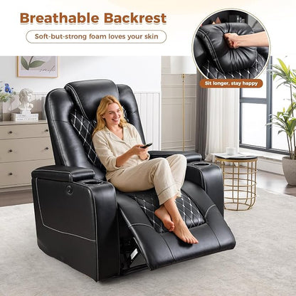 ANJ Power Recliner Chair Set of 8, Electric Soft Faux Leather Reclining Home Theater Seating - USB Ports, Cup Holders, Hidden Arm Storage Movie & Media Room Chairs (Black)