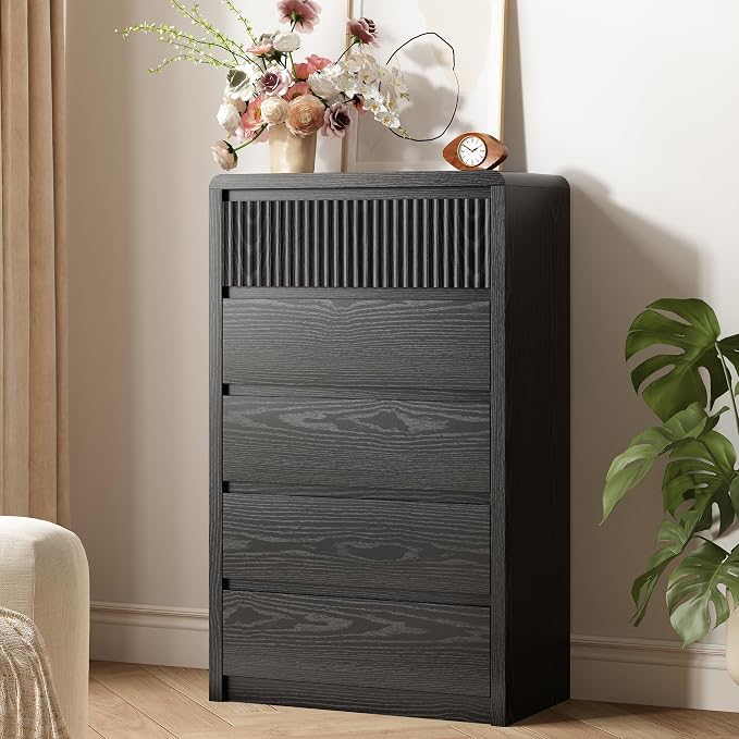 LYNSOM 5 Drawer Dresser for Bedroom, 48" Tall Fluted Dresser with Curved Corners, Wood Dressers & Chests of Drawers with Dual-Panel Design for Bedroom, Entryway, Black