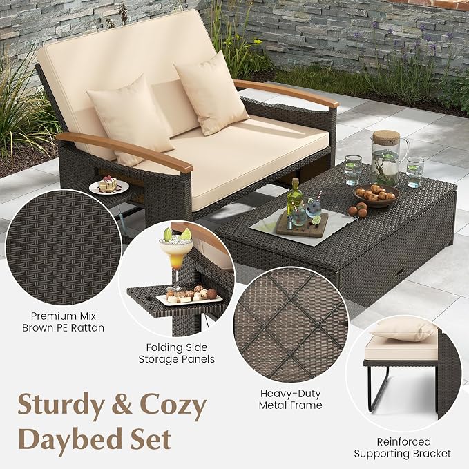 LDAILY Moccha Outdoor Wicker Daybed, Patio Rattan Loveseat Sofa w/ 4-Level Adjustable Backrest, Folding Panels, Storage Ottoman & Cushions, Lounge Furniture Set for Poolside Backyard Porch (Beige)
