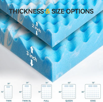 SINWEEK 3 Inch Egg Crate Memory Foam Mattress Topper Queen Size, Soft Mattress Pad for Back Pain Relief, Bed Topper, CertiPUR-US Certified, Blue