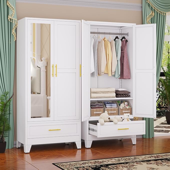 GAIOUS Steel Armoire WardrobeCloset with Mirror Door and Drawer 71" White | Household Wardrobe Cabinet with Hanging Rod, Metal Clothing Storage Cabinet with Adjustable Shelf for Bedroom, Cloak, Gym