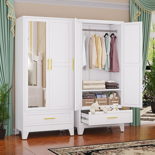 GAIOUS Steel Armoire WardrobeCloset with Mirror Door and Drawer 71" White | Household Wardrobe Cabinet with Hanging Rod, Metal Clothing Storage Cabinet with Adjustable Shelf for Bedroom, Cloak, Gym