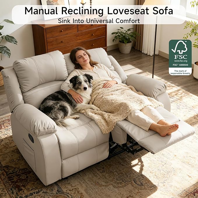 Reclining Loveseat Sofa Leather Recliner Couch 2 Seater Sofa for Living Room, Home Theater Seating(Loveseat,Beige)