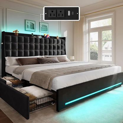 YITAHOME King Size Bed Frame with 4 Drawers and RGB LED Lights, Velvet Upholstered Platform Bed with Charging Station and Storage Headboard, No Box Spring Needed, Easy Assembly, Noise-Free, Black