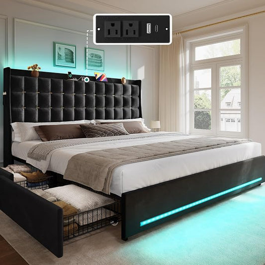 YITAHOME King Size Bed Frame with 4 Drawers and RGB LED Lights, Velvet Upholstered Platform Bed with Charging Station and Storage Headboard, No Box Spring Needed, Easy Assembly, Noise-Free, Black