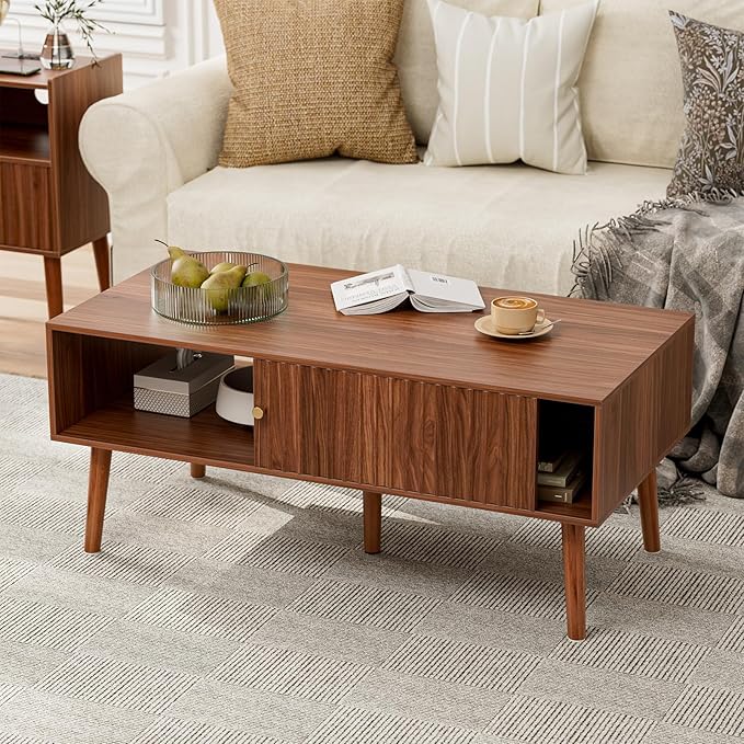 LCRBOL Coffee Table with Fluted Sliding Door, Mid-Century, Walnut | 39.3"L x 19.7"W x 17.1"H, double-sided sliding door & open shelf (7.5" clearance), golden knob, 5 tapered legs