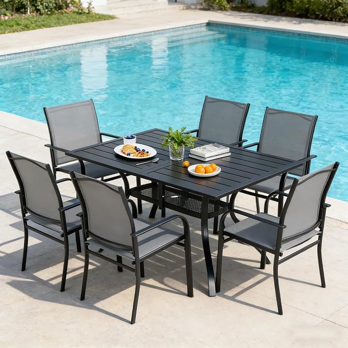 SUNCROWN 7 Pieces Outdoor Dining Set, Patio Furniture Set with 6 x Textilene Dinning Chairs and 1 Steel Slat Metal Bistro Table for Garden Lawn Backyard Deck (Grey)