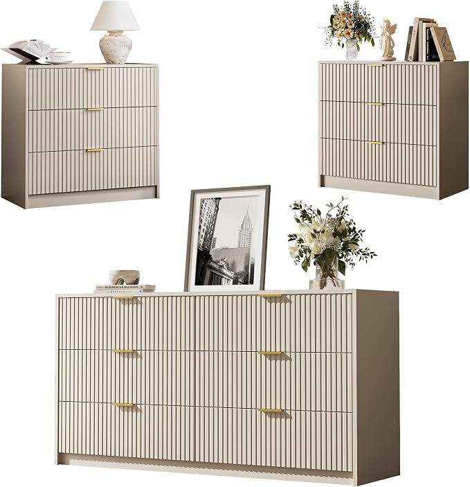 MAISONARIA 3-Piece Dresser Bedroom Set, 6 Drawer Dresser & 3 Drawer Nightstands with Gold Handles, Fluted Wood Chest of Drawers for Bedroom, Living Room, Entryway, Beige