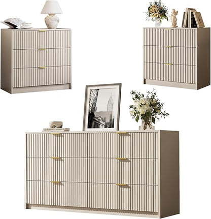MAISONARIA 3-Piece Dresser Bedroom Set, 6 Drawer Dresser & 3 Drawer Nightstands with Gold Handles, Fluted Wood Chest of Drawers for Bedroom, Living Room, Entryway, Beige