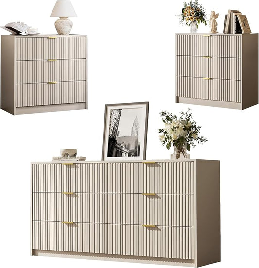 MAISONARIA 3-Piece Dresser Bedroom Set, 6 Drawer Dresser & 3 Drawer Nightstands with Gold Handles, Fluted Wood Chest of Drawers for Bedroom, Living Room, Entryway, Beige