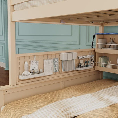 Full XL Over Queen Bunk Bed, Wood Bunk Bed with Integrated Shelving, Color-Changing Lights and Pegboard for Kids Teens Adults, Beige