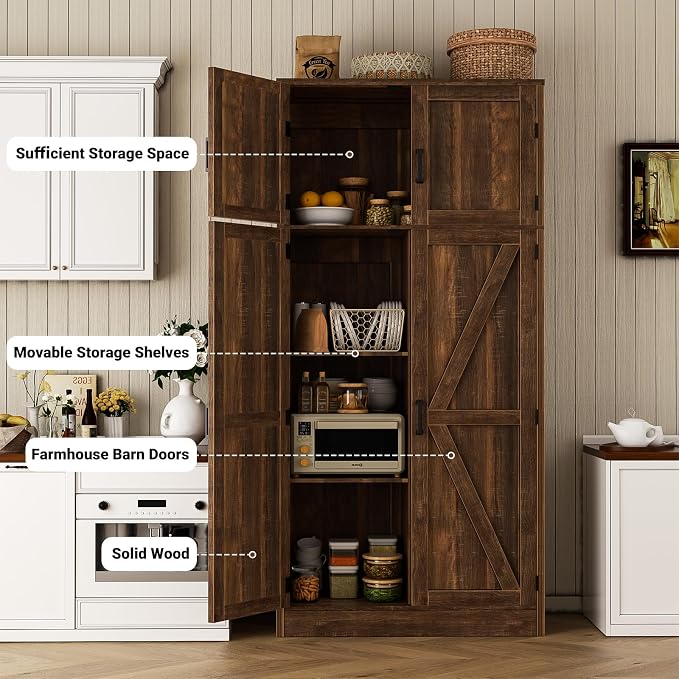 Unikito 71” Farmhouse Storage Cabinet, Large Kitchen Pantry Storage Cabinet with Adjustable Shelves and Barn Doors, Versatile Storage Cupboard for Dinning Room, Bathroom, Living Room, Weathered Brown