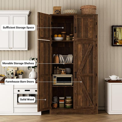 Unikito 71” Farmhouse Storage Cabinet, Large Kitchen Pantry Storage Cabinet with Adjustable Shelves and Barn Doors, Versatile Storage Cupboard for Dinning Room, Bathroom, Living Room, Weathered Brown