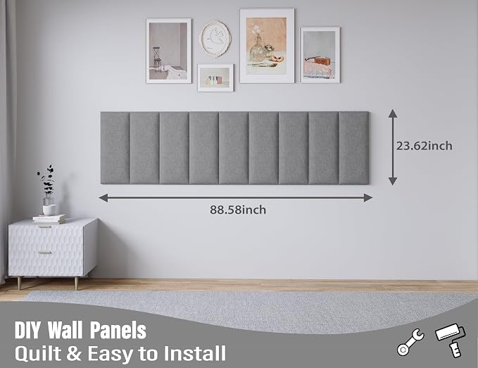 Peel and Stick Upholstered Wall Mounted Headboard King Size, 12 Panels Tufted Fabric Headboard,Wall Mounted Headboards, Interior Wall Panels for Bedroom, 10"x24" Dark Grey