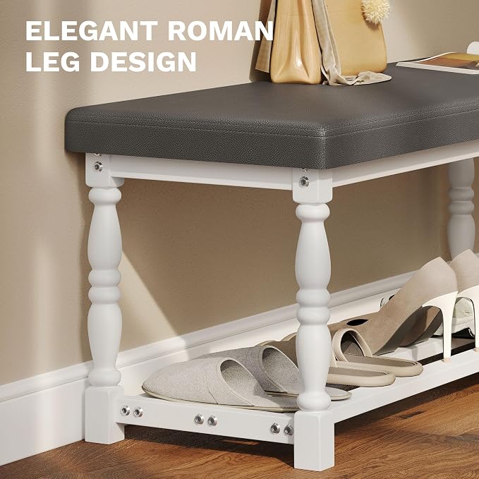 YITAHOME 48 Inch Entryway Bench, Storage Bench with Metal Shelf & Cushioned Seat, Indoor Shoe Rack Bench Seat for Dressing Room, Bedroom, Hallway, Entrance, Grey & White