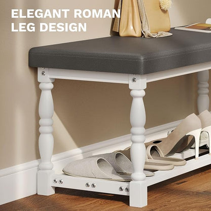 YITAHOME 48 Inch Entryway Bench, Storage Bench with Metal Shelf & Cushioned Seat, Indoor Shoe Rack Bench Seat for Dressing Room, Bedroom, Hallway, Entrance, Grey & White