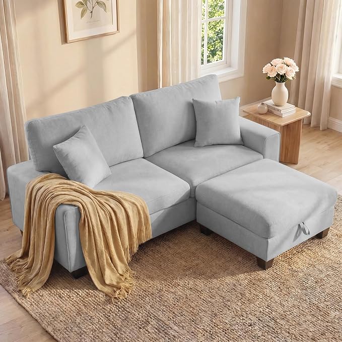 DOPEDIO L-Shaped Sectional Sofa with Storage Ottoman, Modern Chenille Recliner Loveseat, Removable Couch Covers, Pocket Spring Cushions, Solid Wood Frame, Easy to Install (71.25inch, Light Gray)