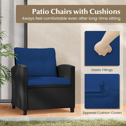 Tangkula 3 Piece Patio Furniture Set, Rattan Conversation Set w/Soft Seat & Back Cushions, Tempered Glass Topped Coffee Table, Cushioned Wicker Seating Set for Backyard, Porch, Poolside