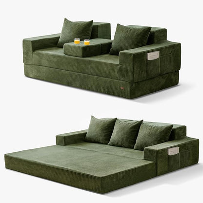 MAXYOYO Convertible Sofa Bed, 80" Oversized Boneless Loveseat Couch 4 in 1 Foldable Floor Sofa Couch in A Box with 2 Cup Holders, Folding Chair for Living Room, No Assembly Required, Green