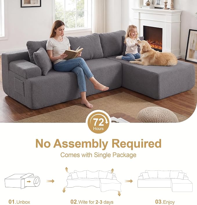 Hobestluk Modular Sectional Sofa Couches L-Shape Couch 3 Seat Modular Sofa Memory Foam Sectional Couches for Living Room, Cloud Couch with Oversized Chaise (Grey Smooth, 108", Right Hand Facing)