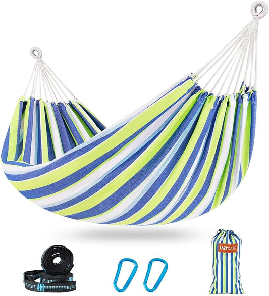 Lazy Daze Hammocks Double Brazilian Cotton Hammock, Extra Large Portable Outdoor Camping Hammock with Tree Straps & Travel Bag for Backyard Patio Poolside Indoor, 550lbs Capacity, Blue & Light Green