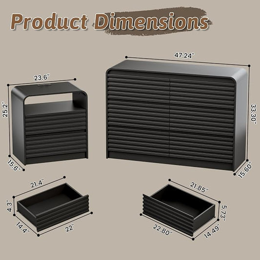 Dresser and Nightstand Sets for Bedroom, 3 Pcs Bedroom Set, Fluted 6 Drawer Dresser with Curved Profile and Night Stand Set of 2 with Charging Station, Wood Chest of Drawers, Black