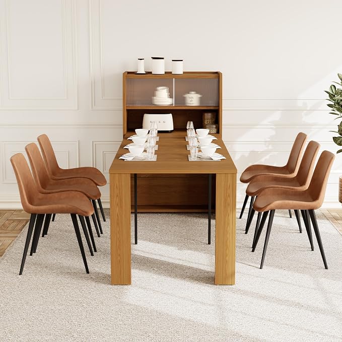 HIPIHOM 86.6" Extendable Kitchen Table Set for 6, Storage Cabinet | Space-saving Extendable MDF Dining Set with 6 Brown Chairs, Family Meal, Apartment, Small Room