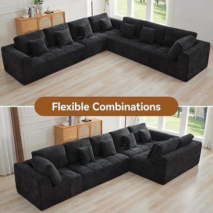 140''Modular Sectional Couches for Living Room, Cloud Boneless Compressed Sectional Sofa, Oversized L Shaped 7 Seater Upholstered Memory Foam Sofa, No Assembly, Chenille Black