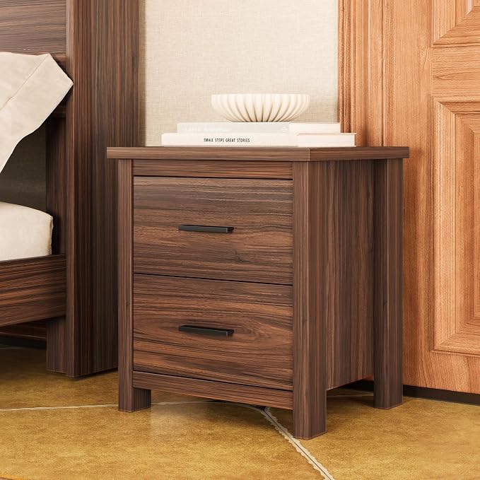 5 Piece Bedroom Furniture Sets, Rustic Style Bedroom Furniture Sets with 1 Queen Size Platform Bed, 2 Drawers and 1 Dresser for Living Room, Farmhouse Bedroom Set, Walnut