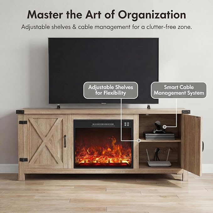 YESHOMY Fireplace TV Stand with Two Barn Doors and Storage Cabinets for Televisions up to 65+ Inch, Entertainment Center Console Table, Media Furniture for Living Room, 58 Inch, Yellow Oak