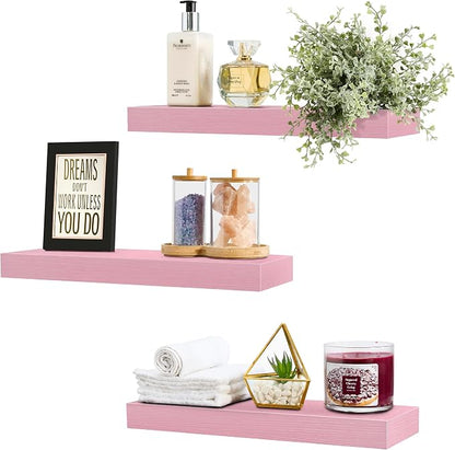 Sorbus Floating Shelves for Wall – 16 Inch Floating Shelf for Kitchen, Bedroom, Living Room, Bathroom, Home & Wall Decor - Mounted Bathroom Shelves with Invisible Brackets (Soft Pink, 3 Pack)