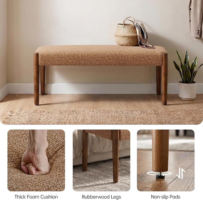Usaint 42" End of Bed Bench, Modern Upholstered Bedroom Bench with Rubberwood Legs, Entryway Bench with Cushion, Dining Bench for Living Room, Bedroom, Orange with Walnut Leg