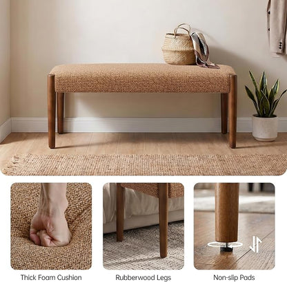 Usaint 42" End of Bed Bench, Modern Upholstered Bedroom Bench with Rubberwood Legs, Entryway Bench with Cushion, Dining Bench for Living Room, Bedroom, Orange with Walnut Leg