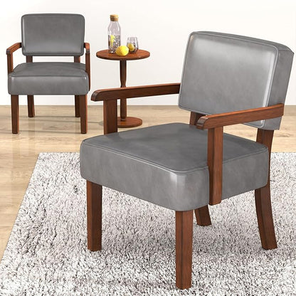 FAGAGA Accent Chair Set of 2 with Table, PU Leather Oversized Living Room Chairs with Soft Seat and Armrests, Armchair for Bedroom, Dinning, Reading and Waiting Rooms (Leather Gray)