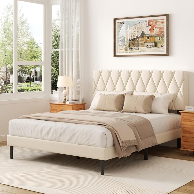 CXVX Full Size Bed Frame with Diamond Tufted Headboard, Velvet Upholstered Platform Bed and Wooden Slat Support, Noise-Free, No Box Spring Needed, Easy Assembly, Beige