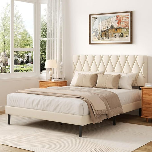 CXVX Full Size Bed Frame with Diamond Tufted Headboard, Velvet Upholstered Platform Bed and Wooden Slat Support, Noise-Free, No Box Spring Needed, Easy Assembly, Beige