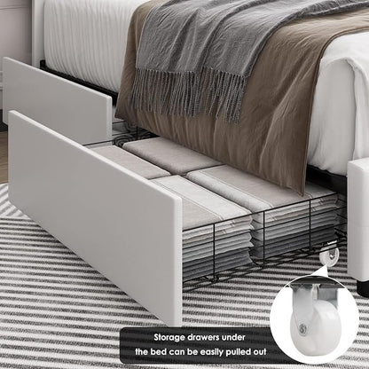 Keyluv Full Size Upholstered Platform Bed Frame with 4 Storage Drawers, Modern White Faux Leather Bed with Adjustable Button Tufted Headboard, Solid Wooden Slat Support, Easy Assembly