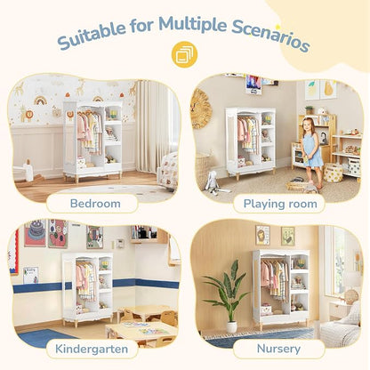 Curipeer Kids Dress Up Storage with Flower Mirror & Wood Legs, Open Hanging Closet Wardrobe for Children, Kids Armoire & Costume Organizer for Bedroom Playroom Preschools Classroom, White