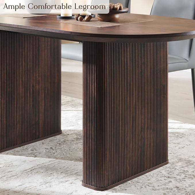 T4TREAM 63" Fluted Oval Dining Table for 4-6, Mid-Century Modern Kitchen Table with Thickened Edge & Strip Pedestal Base, Wood Luxury Table for Dining Room/Kitchen/Home Office, Walnut (Table Only)