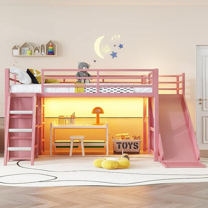 Bellemave Twin Size Low Loft Bed with Slide & 7 Fabric Storage Drawers,Metal Loft Bed Frame with Shelves and LED Lights for Boys Girls,Kids Loft Bed Twin,Pink