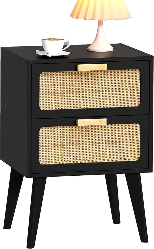 YAUKOMEL Black Nightstand, Wood End Table, Side Table with 2 Hand Made Rattan Decorated Drawers,Boho Bedside Table,Wood Accent Table with Storage for Livingroom, Bedroom, Black CTG59B