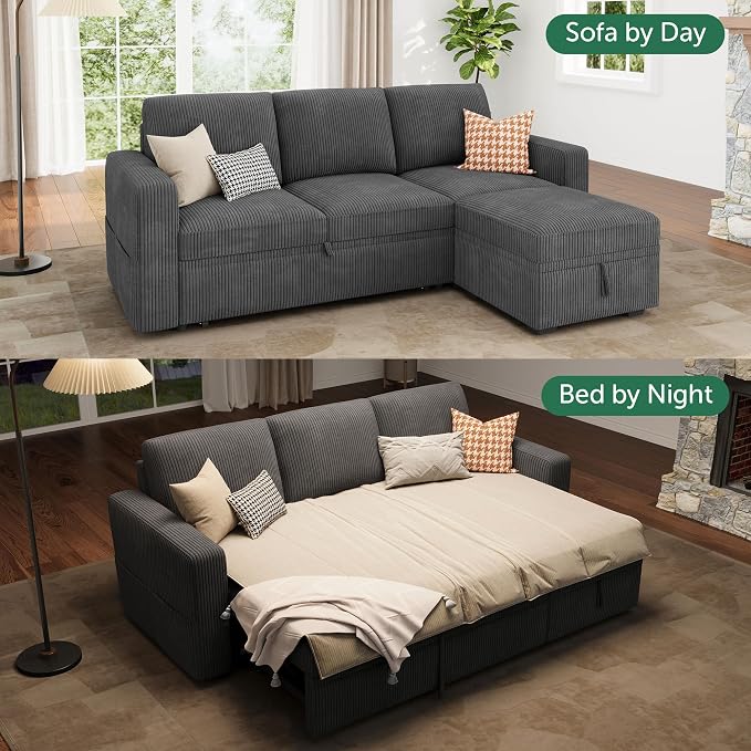 HONBAY Modular Sectional Sleeper Sofa with Pull Out Bed, L Shaped Sofa with Storage, Modular Sectional Couches for Living Room, Dark Grey