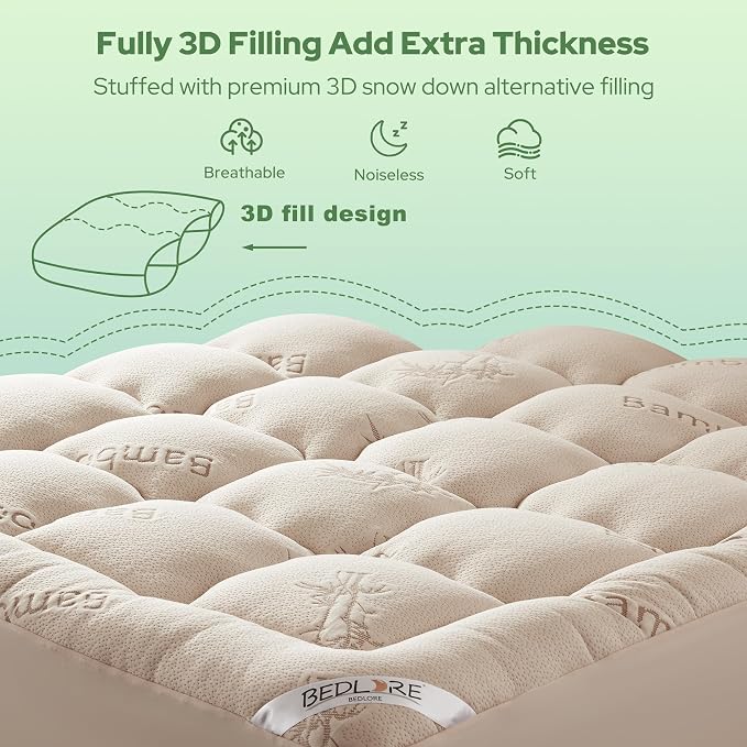 BEDLORE King Mattress Topper Viscose Derived from Bamboo, Thick Pillow Top Mattress Pad with Stretchable Pockets for 6"-18" Mattress, Soft Breathable Mattress Topper for Back Pain Relief(Beige)