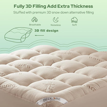 BEDLORE King Mattress Topper Viscose Derived from Bamboo, Thick Pillow Top Mattress Pad with Stretchable Pockets for 6"-18" Mattress, Soft Breathable Mattress Topper for Back Pain Relief(Beige)