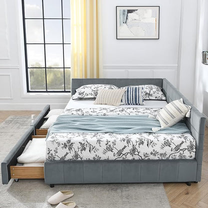 Bellemave Queen Size Corner Bed Frame with Storage Drawers, Comfortable Backrest and Armrests, Velvet Tufted Corner Bed Frame Queen Size, Upholstered Daybed for Bedroom, Living Room, Guest Room, Gary