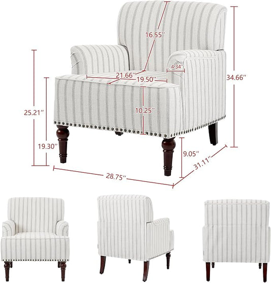 Accent Chair, Mid Century Modern Comfy Armchair for Living Room, Linen Fabric Single Sofa Lounge for Reading Bedroom Apartment Waiting Room with Wood Legs (Pinstripe Grey, Set of 2)