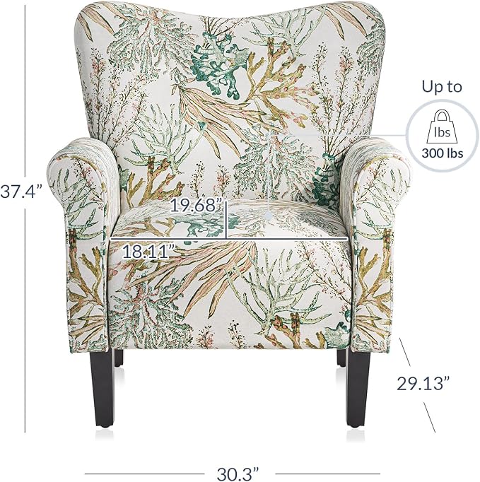 BELLEZE Modern Accent Chair for Living Room, High Back Linen Armchair with Wooden Legs, Upholstered Wingback Side Chair Padded Armrest Single Sofa for Living Room, Bedroom - Allston (Green Coral)