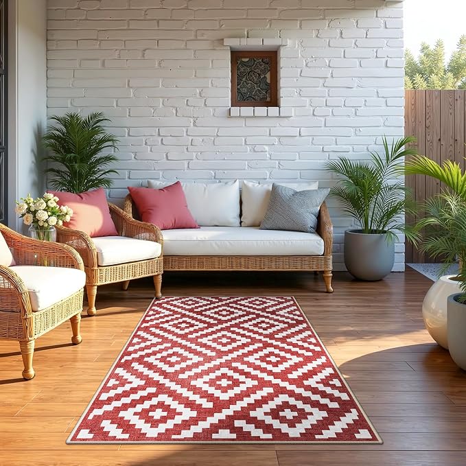 GENIMO Outdoor Rug for Patio Clearance, 3'x5' Indoor Area Rug, Waterproof Reversible Christmas Mat, Outside Camping Carpet for Porch, Living Room, Balcony, Deck, Bedroom, Picnic, Red White