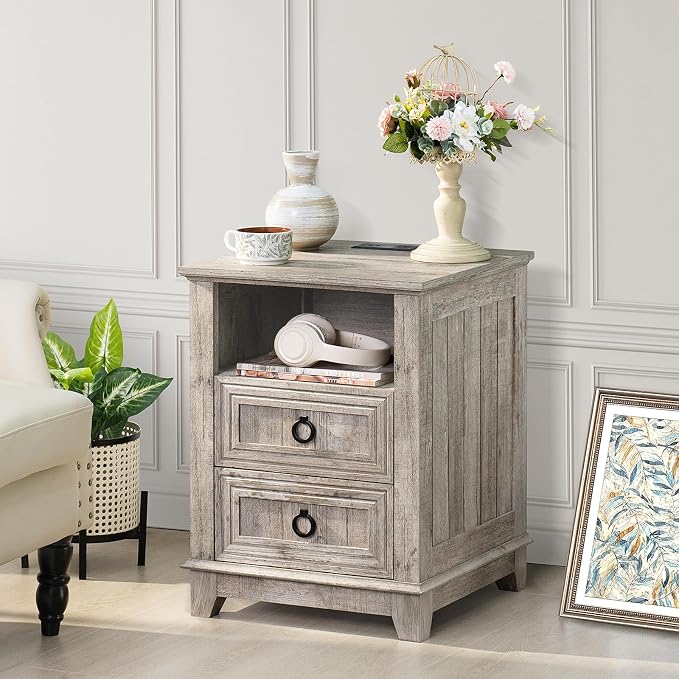 Joaxswe 18" Farmhouse Night Stands Set of 2 with Charging Station, 2 Drawers End Table Dresser for Bedroom, Oak Wooden Nightstand, Bed Side Table with Open Shelf, Bedside Cabinet for Living Room