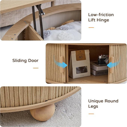 Fluted Round Lift Top Coffee Table with Hidden Storage, 33.5'' Modern Boho Center Table with Sliding Tambour Door & Solid Wood Legs, Circle Coffee Table for Living Room, Small Space, Natural